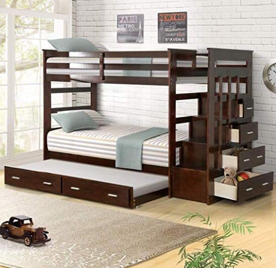 Hardwood Twin Over Twin Bunk Bed Frame with Trundle and Staircase