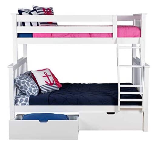Max & Lily Solid Wood Twin over Full Bunk Bed with Under Bed Storage Drawers, White