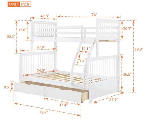 Twin Over Full Bunk Bed with 2 Storage Drawers size
