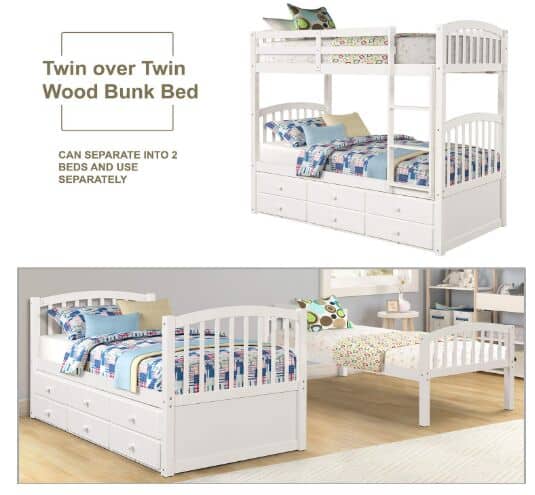 Harper&Bright Designs Twin Over Twin Wood Bunk Bed, two twin wood beds
