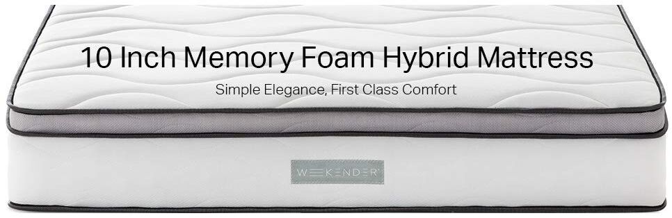 WEEKENDER 10 Inch Hybrid Memory Foam and Motion Isolating Springs Mattress, Simple Elegance, First Lcass Comfort