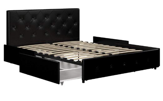 DHP Dakota Upholstered Platform Bed with Storage Drawers, Black Faux Leather, Queen