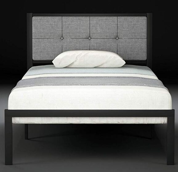 Urest Twin Bed Frame/Upholstered Button Tufted Square Stitch with Headboard/Mattress Foundation/Platform Bed Easy Assembly/No Box Spring Needed/Strong Metal Slat Support,Dark Grey