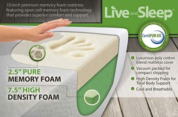 live and sleep twin xl memory foam mattress layers and features