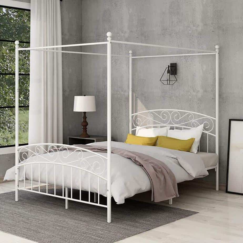 AUFANK Canopy Bed with Sturday Metal Bed Frame No Box Spring Needed Mattress Foundation White Queen Size