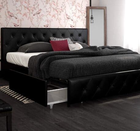 DHP Dakota Upholstered Platform Bed with Storage Drawers, Black Faux Leather, King
