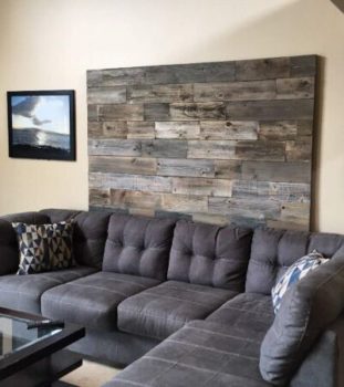 Grey weathered modern industrial reclaimed recycled wood wall mount headboard art