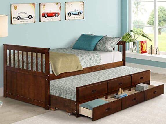Twin Captain Bed with Trundle and Drawers, 3-in-one Solid Wood Daybed with Storage for Kids Guests