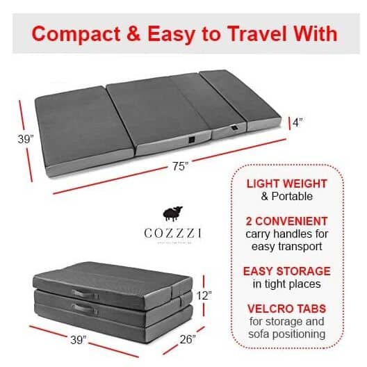 Cozzzi Twin Size Trifold Foam Mattress Topper with Removable Cover - Lightweight and Portable Sleeping Mat