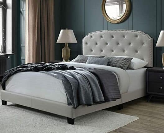 DG Casa Wembley Tufted Upholstered Panel Bed Frame with Nailhead Trim Headboard, Full Size in Beige Linen Style Fabric