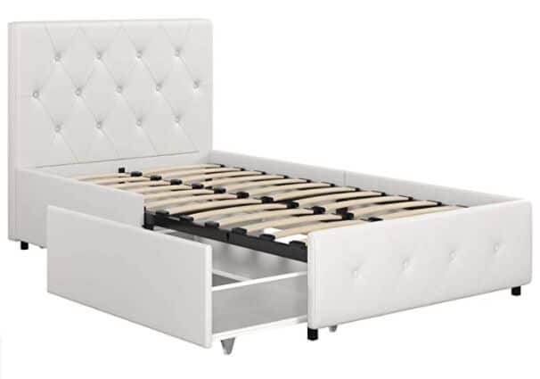 DHP Dakota Upholstered Platform Bed with Storage Drawers, White Faux Leather, Twin