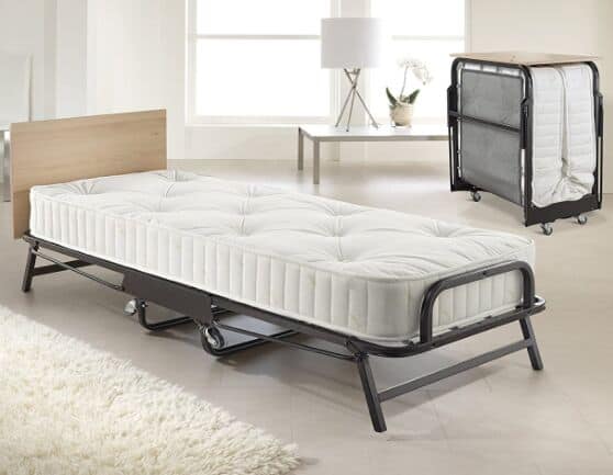 JAY-BE Hospitality Folding Bed with Deep Spring Mattress and Headboard, Regular, Black/White