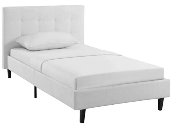 Modway Linnea Upholstered White Twin Platform Bed with headboard and Wood Slat Support