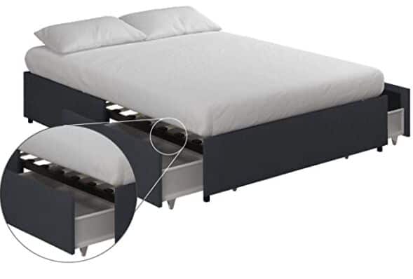 REALROOMS Alden Platform Bed with Storage Drawers, Full Size Frame, Blue Linen