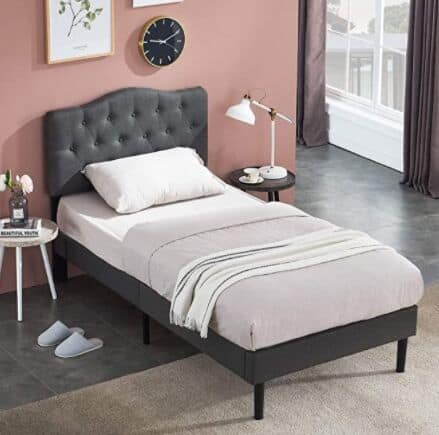 VECELO Classic Upholstered Platform Bed Diamond Stitched Cloth Panel Headboard/Mattress Foundation/Easy Assembly/Strong Slat Support, Twin, Dark Grey