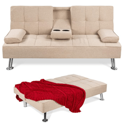 Folding Futon Sofa Bed for Compact Living Space, Apartment, Dorm, Bonus Room w/Removable Armrests, Metal Legs, 2 Cupholders - Beige