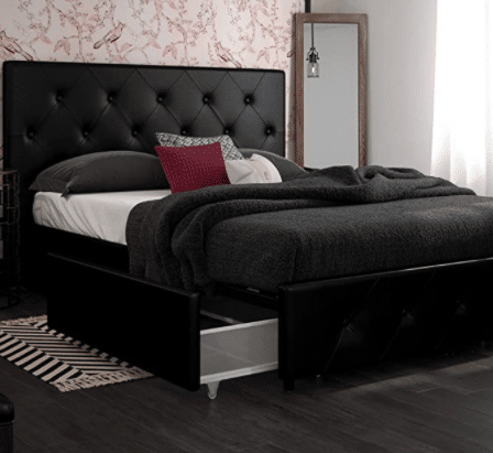 DHP Dakota Upholstered Faux Leather Platform Bed with Storage Drawers - Queen Size (Black)