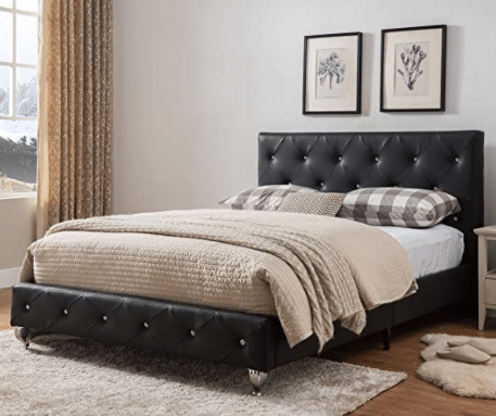 Kings Brand Furniture - Black Tufted Design Faux Leather King Size Upholstered Platform Bed