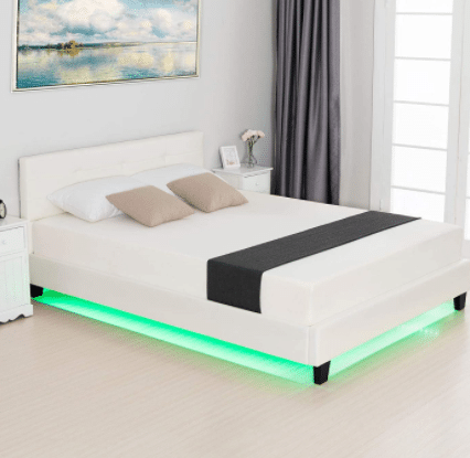 White Upholstered Faux Leather Bed with 8 Color Changing LED Light / 2.8-Inch Solid Wooden Slats Support