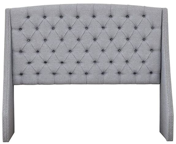 Madison Park Harper Upholstered Nail Head Trim Wingback Button Tufted Headboard Modern Contemporary Metal Legs Padded Bedroom Décor Accent, Queen, Grey