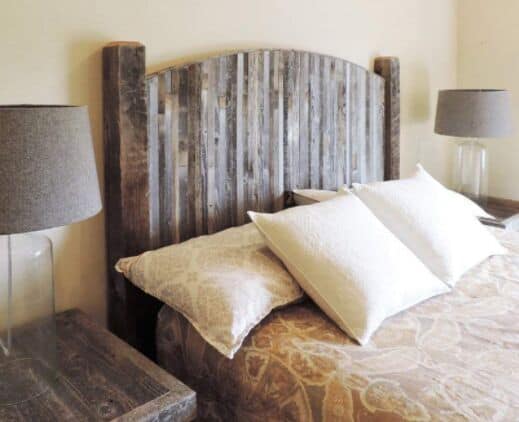 Modern Farmhouse Style Arched Queen Size Bed Headboard with Narrow Weathered Reclaimed Wood Slats, Rustic Contemporary Country Bedroom Furniture Sets. All BarnWood W/Legs
