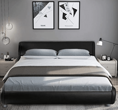 SHA CERLIN King Size Bed Frame, Upholstered Faux Leather Low Profile Sleigh Platform Bed with Adjustable Headboard, Wood Slat Support, Black