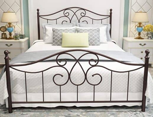 Vintage Sturdy Metal Bed Frame Queen Size with Vintage Headboard and Footboard Platform Base Bed Frame No Box Spring Needed Steel Bed，Antique Brown，Queen.