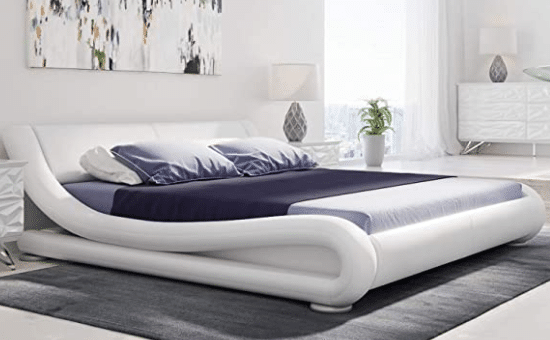 White Genuine King Leather Bed with Headboard