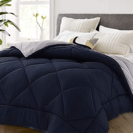 Vonabem All Season 2100 Series Queen Reversible Comforter - Cooling Down Alternative Quilted Duvet Insert with Corner Tabs - Plush Microfiber Fill - Machine Washable - Hypoallergenic - Navy Blue/Grey